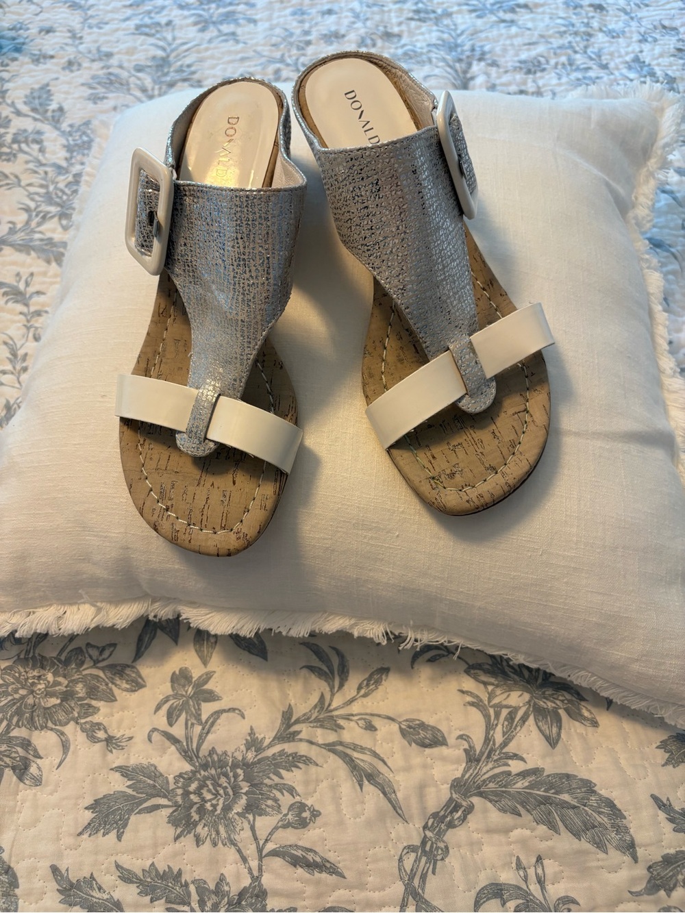 Donald J. Pliner Silver and White Buckle Slide Sandals